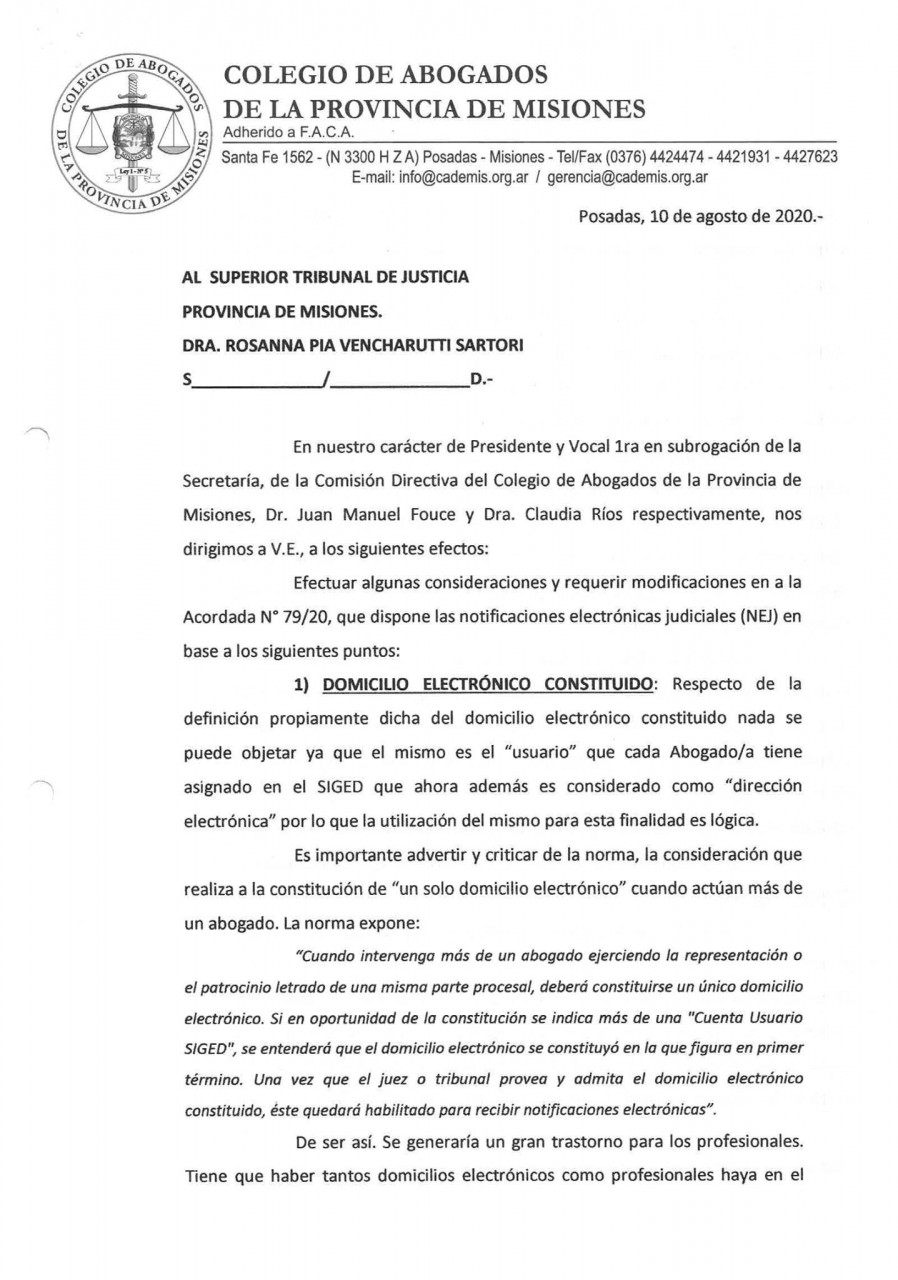 Rechazo del STJ al pedido del Colegio de Abogados para  prorrogar la entrada en vigencia de las “Notificaciones Electrónicas - N.E.J.”